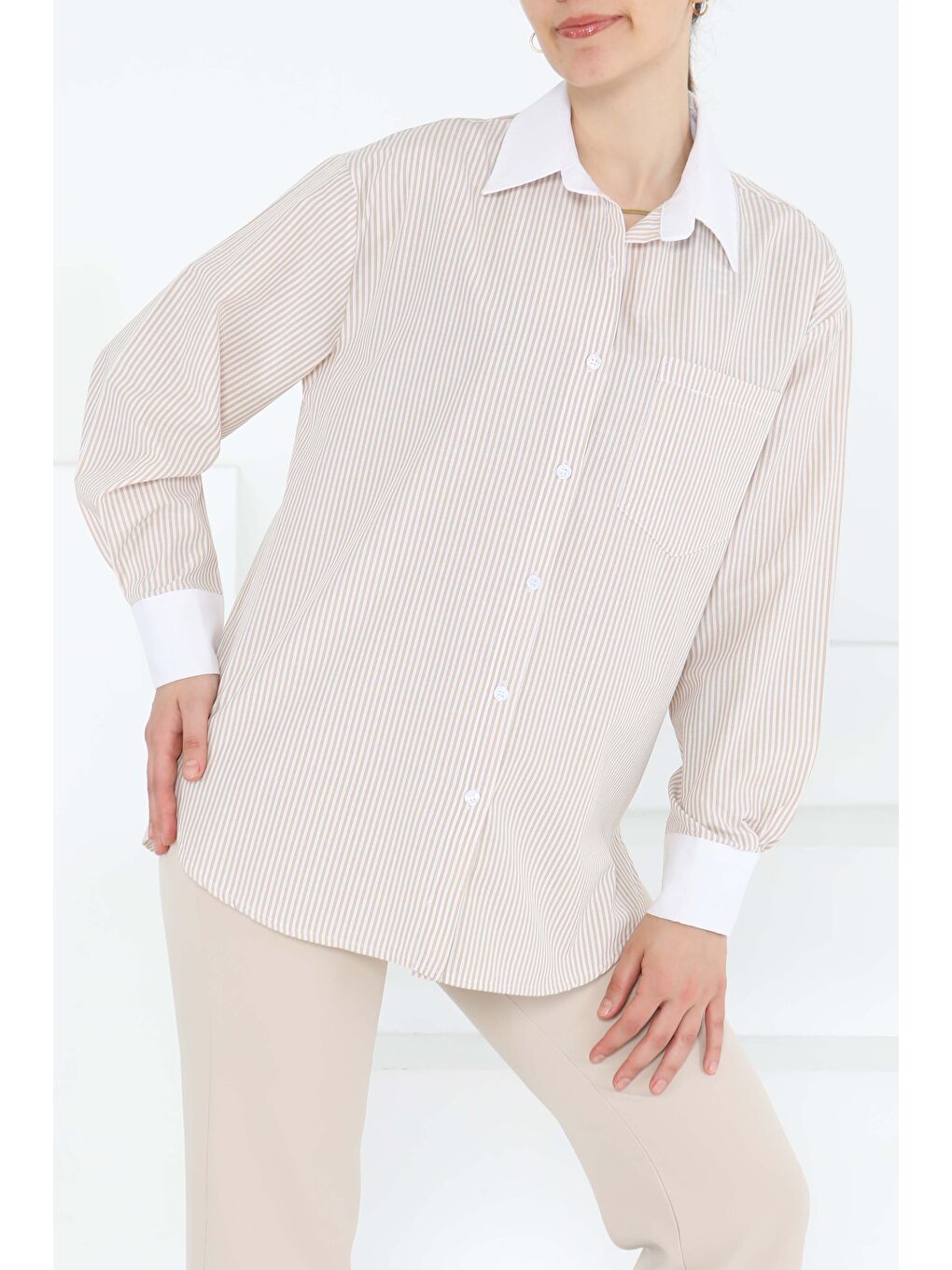 Çizgili Cep Detay Gömlek Bej - 27243-3