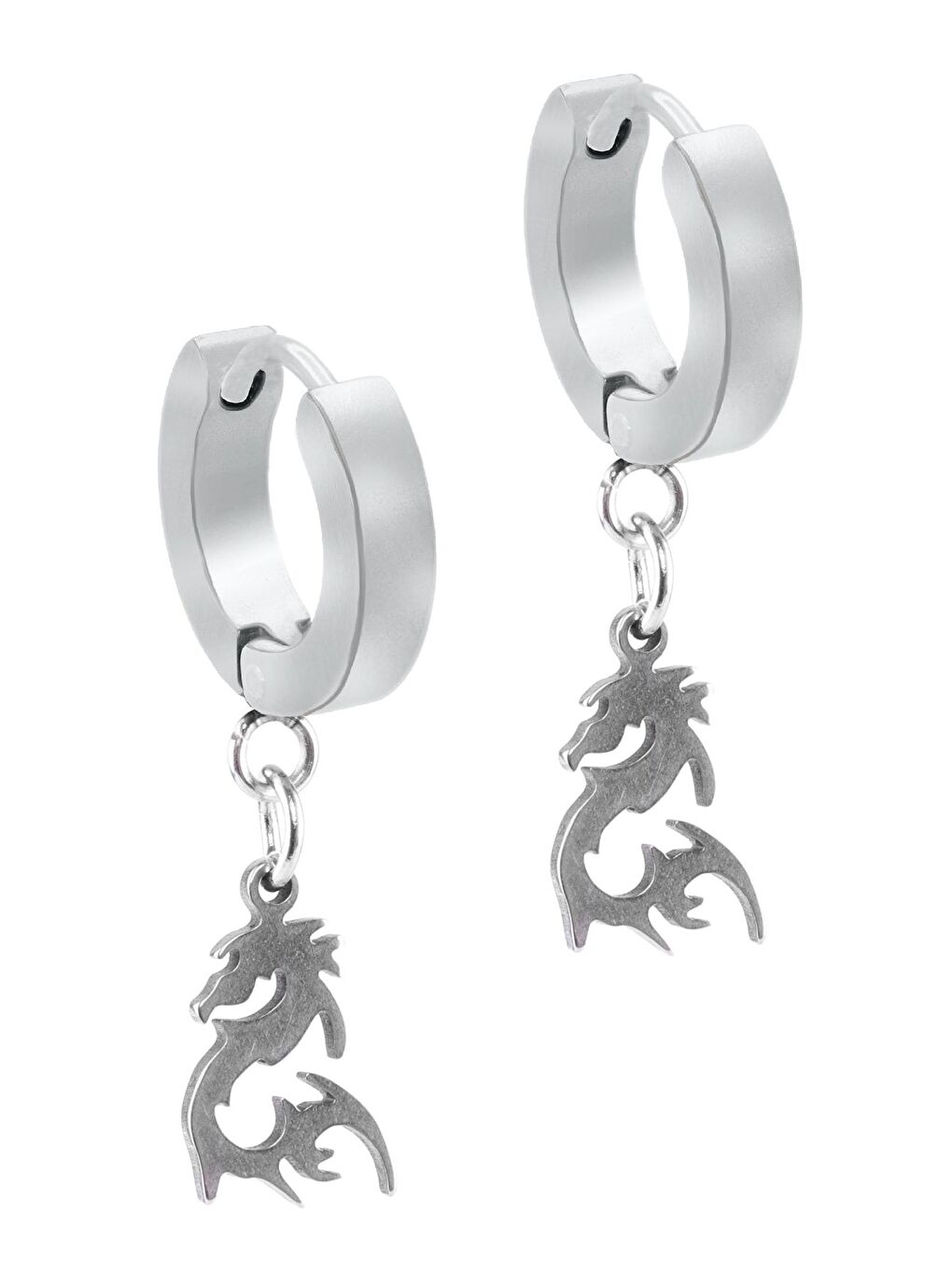 Gri Erkek Gümüş Renk Sallantılı Ejderha Objeli Çelik Küpe-1