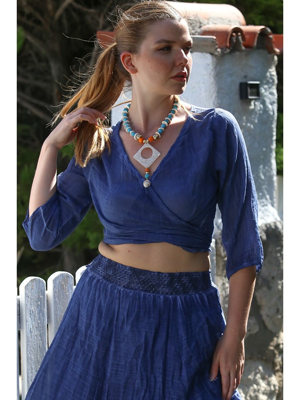 Organik Pamuk Lacivert Kruvaze Yaka 3/4 Kol Bağlamalı Yıkamalı Casual Crop Dokuma Bluz 40 60-2