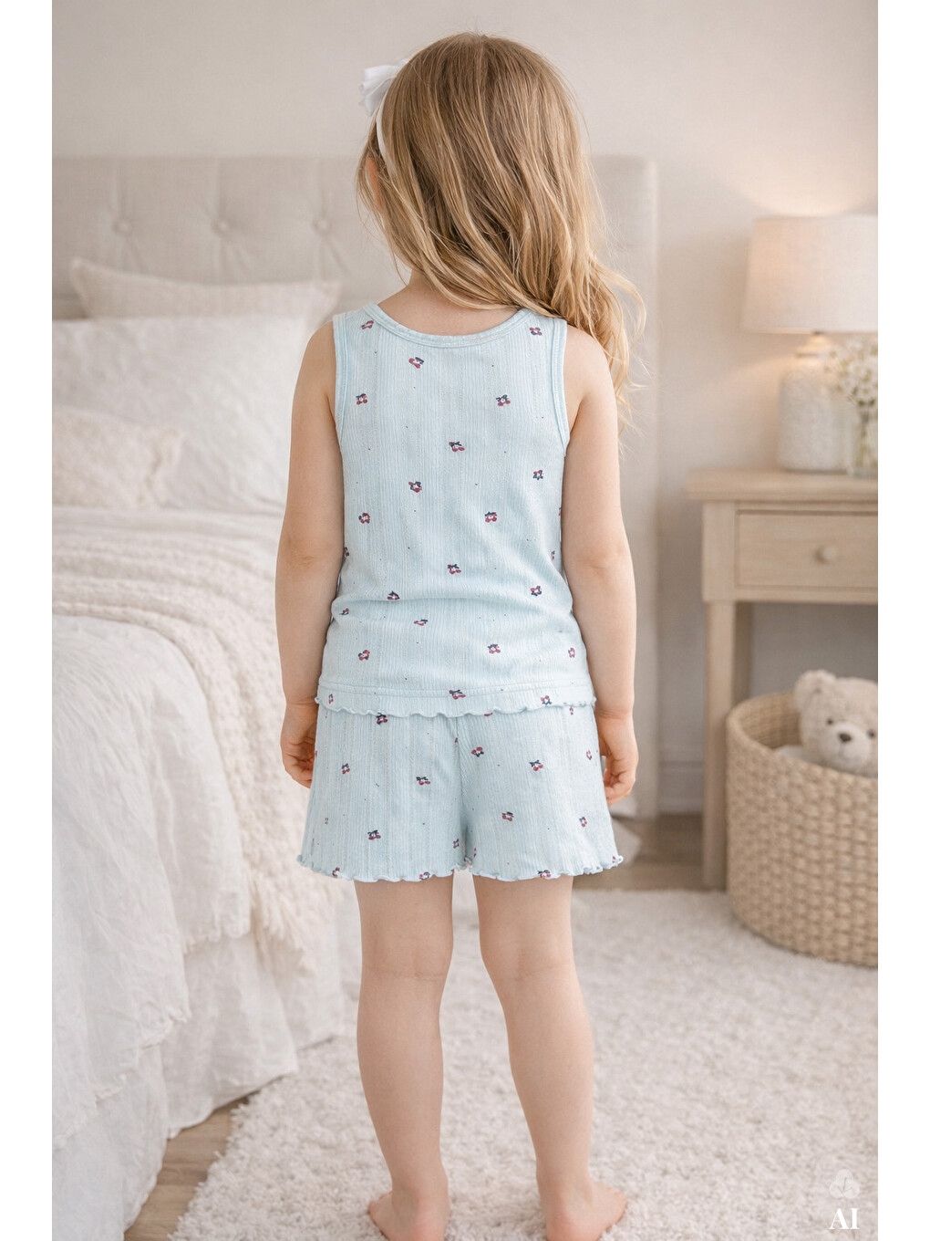Mavi Kız Çocuk Pamuklu Çiçek Desenli Fiyonklu Kalın Askılı Şortlu Pijama Takımı-3