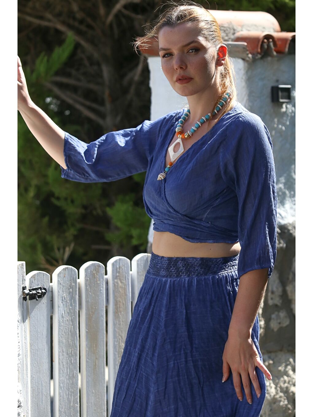 Organik Pamuk Lacivert Kruvaze Yaka 3/4 Kol Bağlamalı Yıkamalı Casual Crop Dokuma Bluz 40 60-3