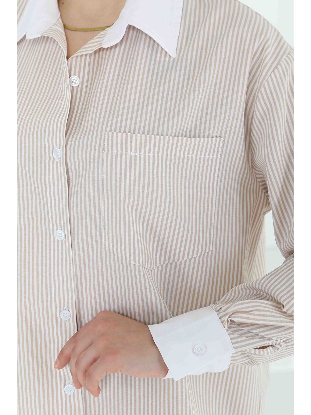 Çizgili Cep Detay Gömlek Bej - 27243-4