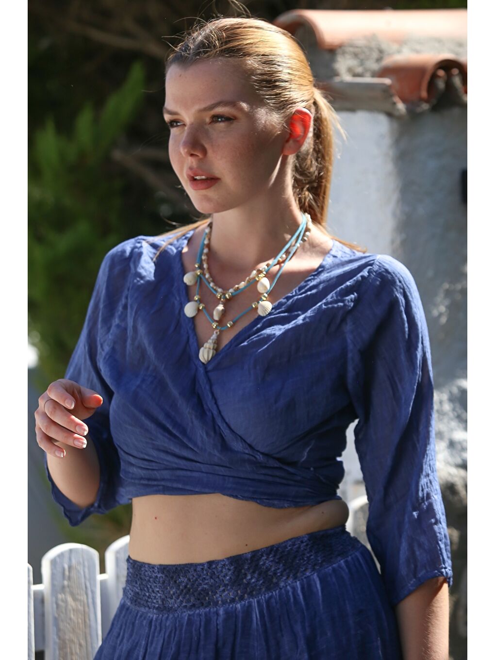 Organik Pamuk Lacivert Kruvaze Yaka 3/4 Kol Bağlamalı Yıkamalı Casual Crop Dokuma Bluz 40 60-5