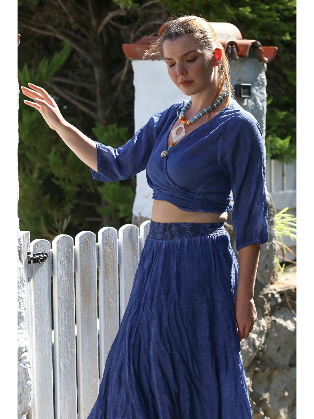 Organik Pamuk Lacivert Kruvaze Yaka 3/4 Kol Bağlamalı Yıkamalı Casual Crop Dokuma Bluz 40 60-6