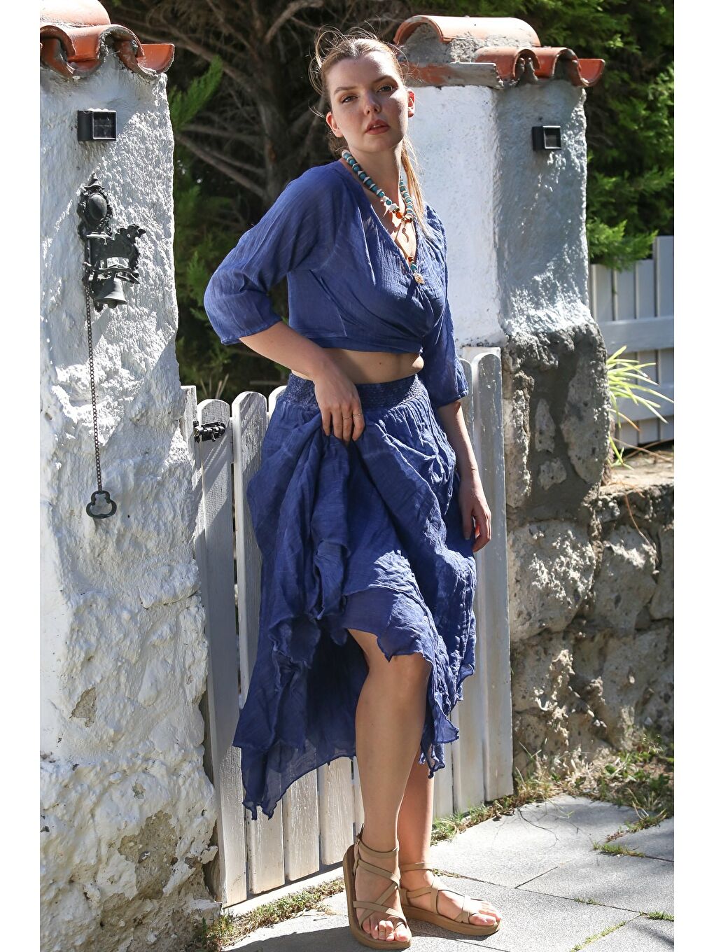 Organik Pamuk Lacivert Kruvaze Yaka 3/4 Kol Bağlamalı Yıkamalı Casual Crop Dokuma Bluz 40 60-7