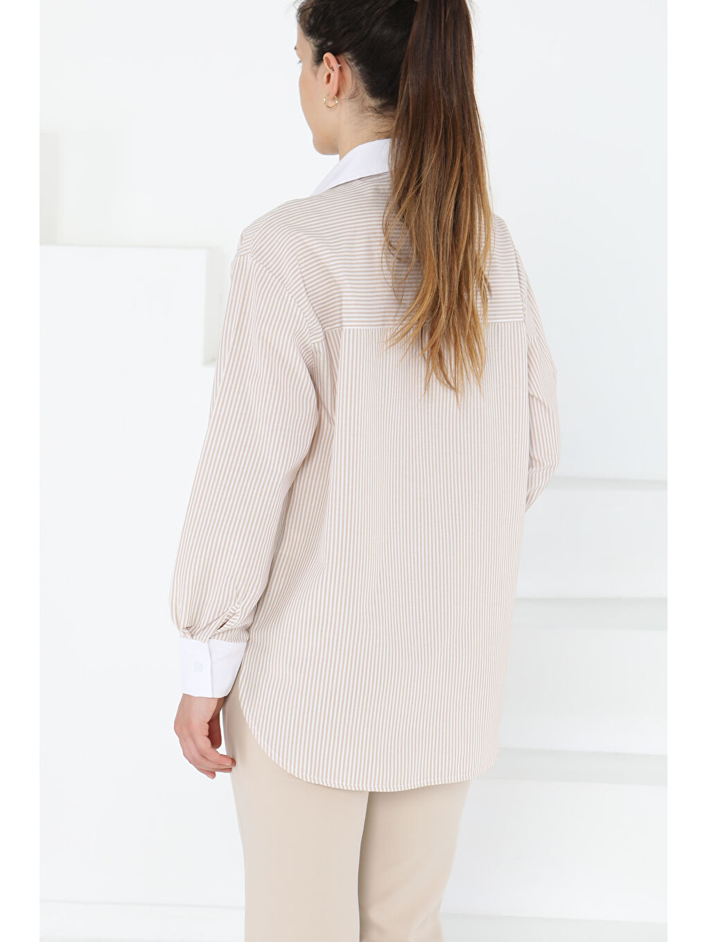 Çizgili Cep Detay Gömlek Bej - 27243-5