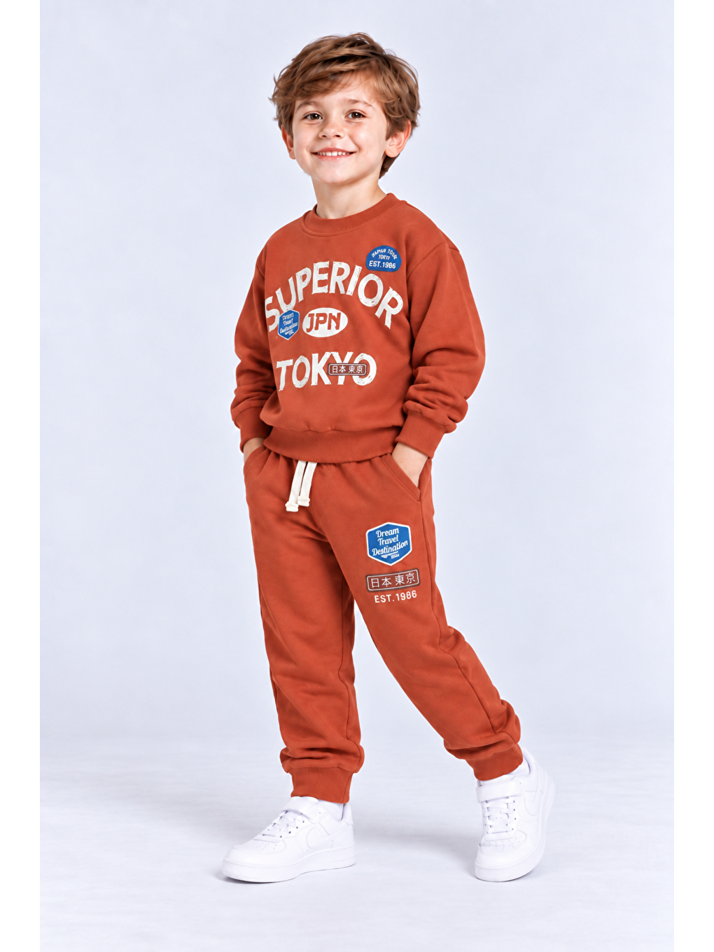 Turuncu Erkek Çocuk Superior Tokyo Baskılı 2 Li Eşofman Takımı Günlük Pamuklu Alt Üst Set Ak116-3
