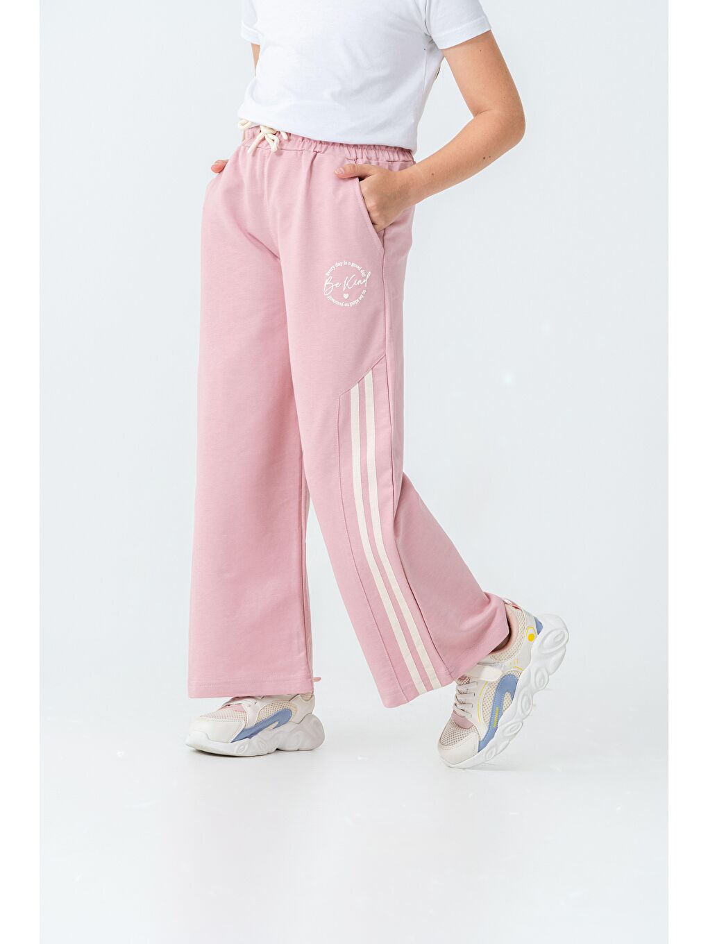 Pembe Yanlar Grogren Şeritli Bol Paça Önü Baskılı Kız Çocuk Eşofman Altı-2