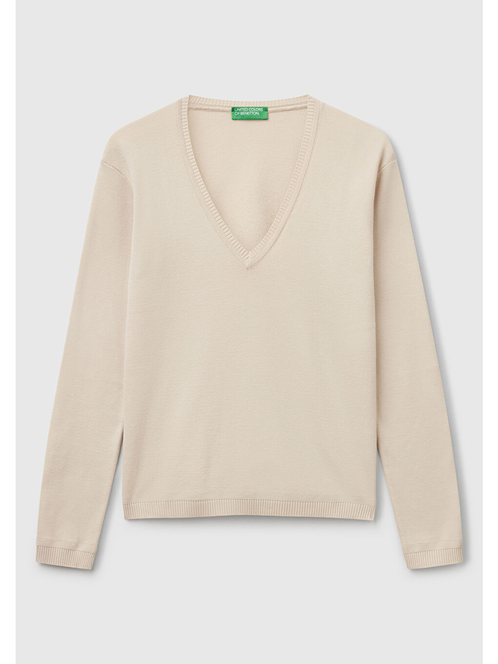 Bej Kadın Taş Rengi %100 Pamuk Nervür Detaylı V Yaka İnce Kazak-1