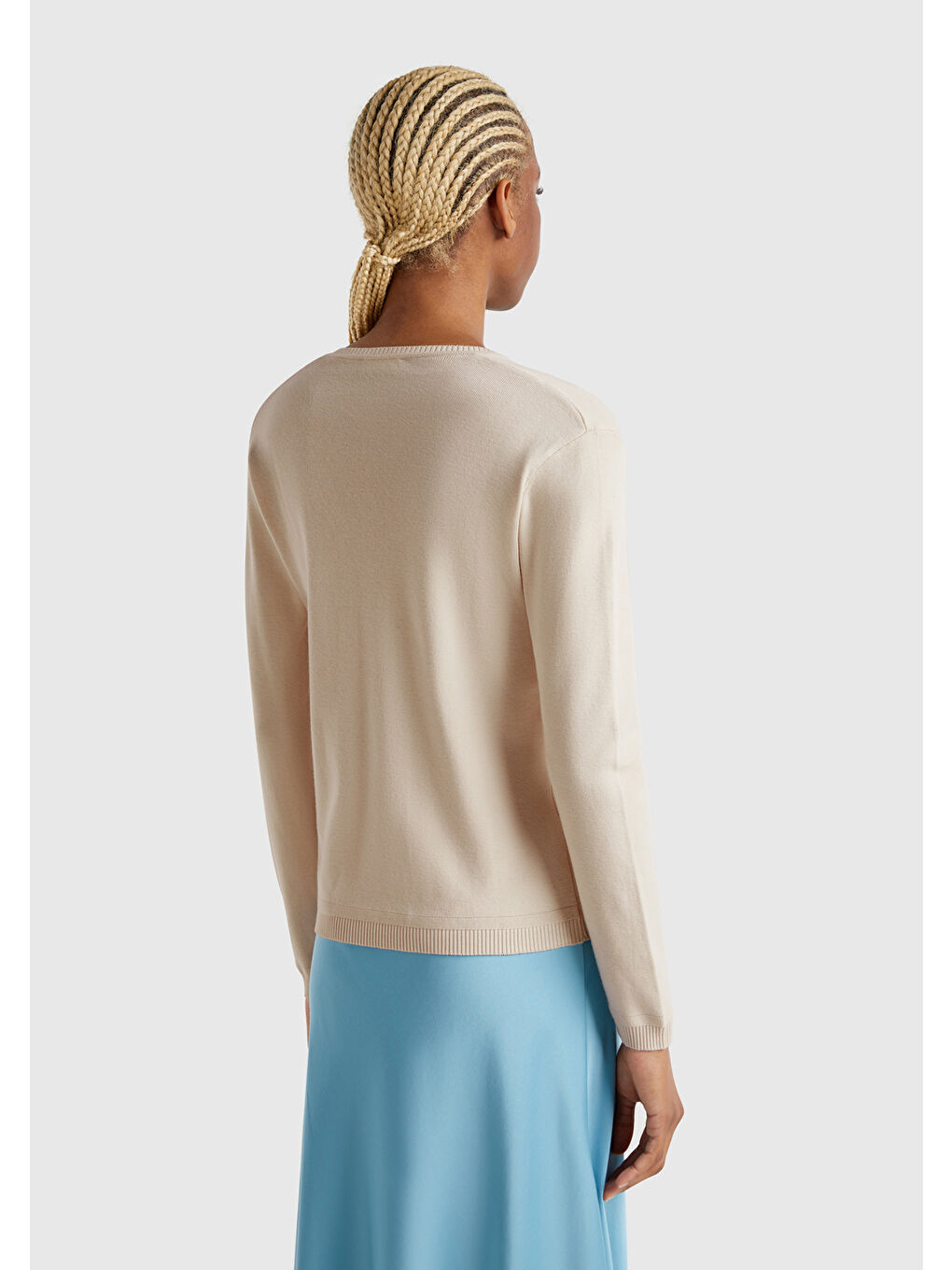 Bej Kadın Taş Rengi %100 Pamuk Nervür Detaylı V Yaka İnce Kazak-2