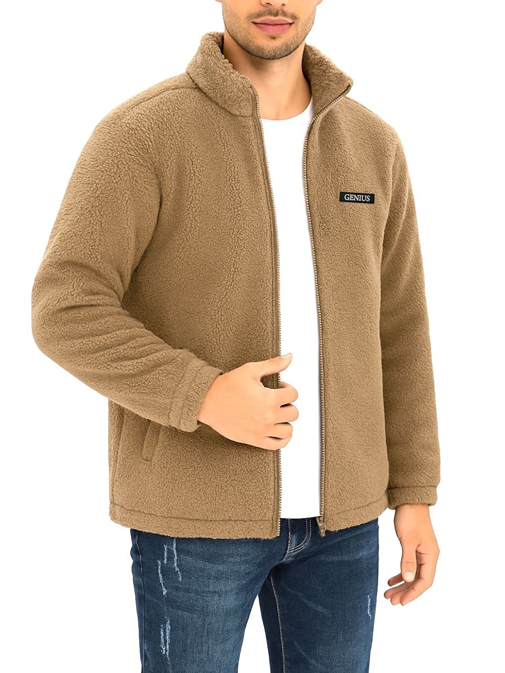 Bej Oversize Pelüş Sweatshirt Erkek Polar Sweatshirt Erkek Sweatshirt OVERSIZE-PELUSS