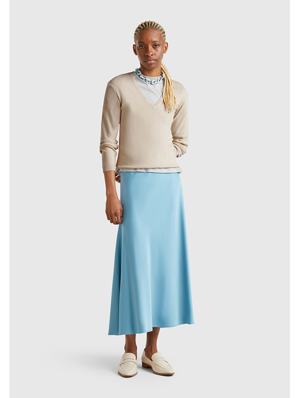 Bej Kadın Taş Rengi %100 Pamuk Nervür Detaylı V Yaka İnce Kazak-4