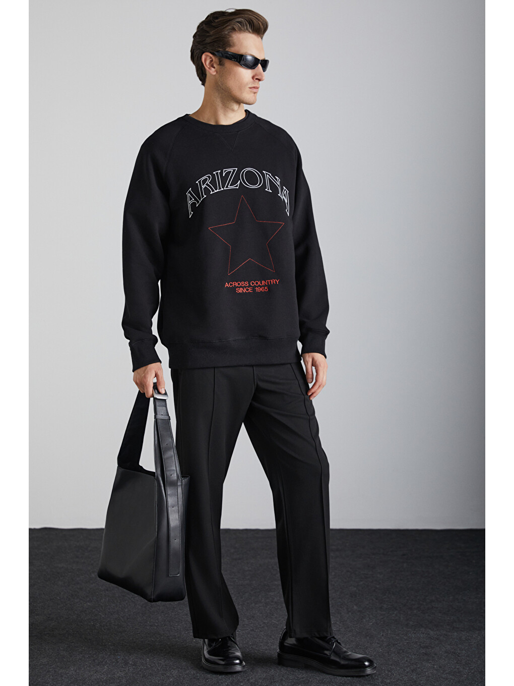 Domagoj Erkek Organik Pamuklu Western Baskılı Bisiklet Yaka Oversize Siyah Sweatshirt-1