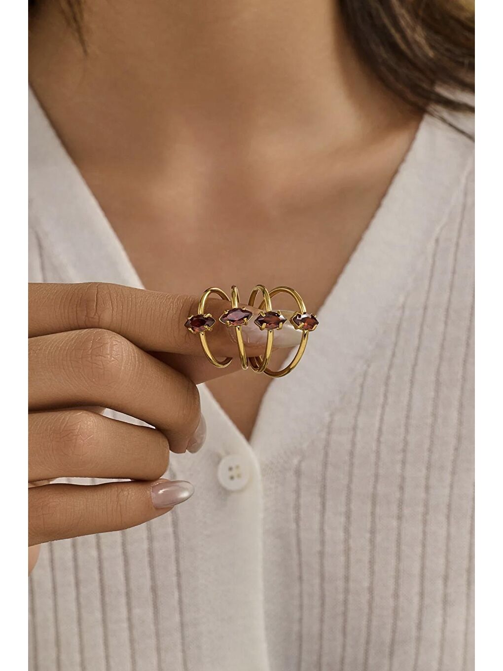 Kırmızı Çelik Markis Zirkon Taşlı Minimal Yüzük Seti 2 adet