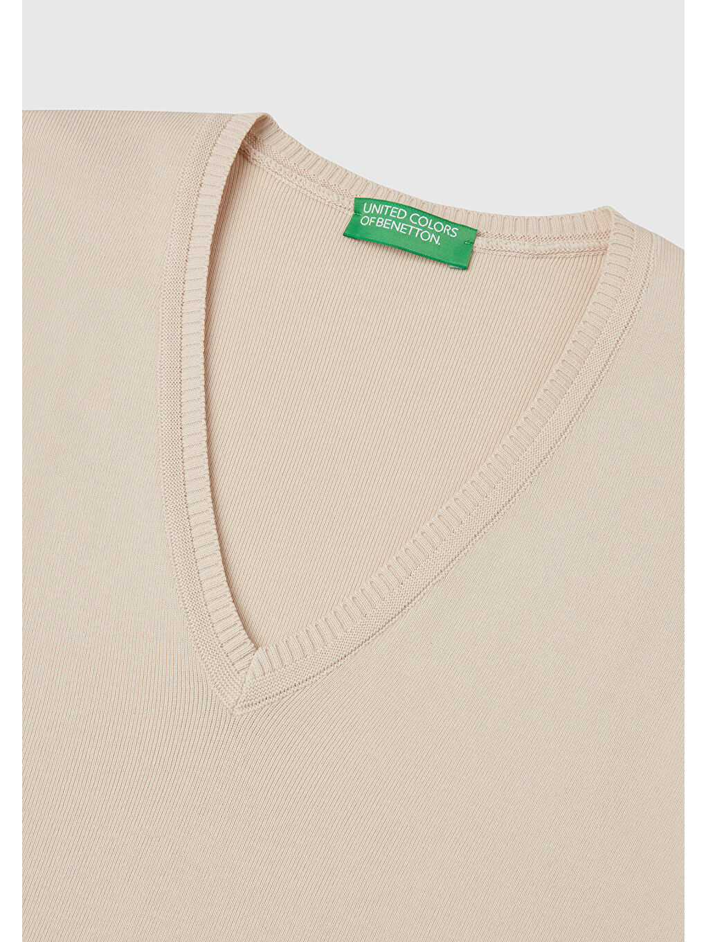 Bej Kadın Taş Rengi %100 Pamuk Nervür Detaylı V Yaka İnce Kazak-5