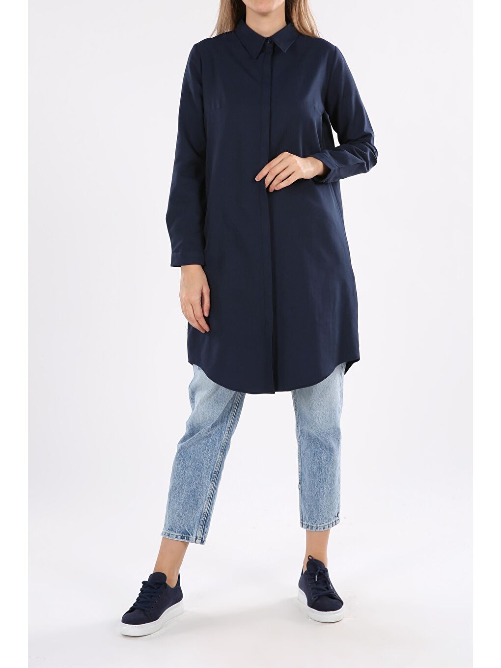 Lacivert Gizli Patlı Basic Gömlek Tunik