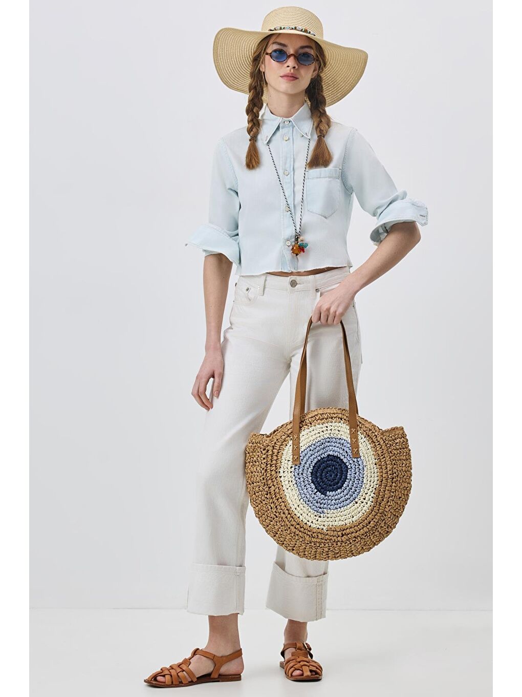 Bej Hasır Omuz Çantası Y9207 Vizon