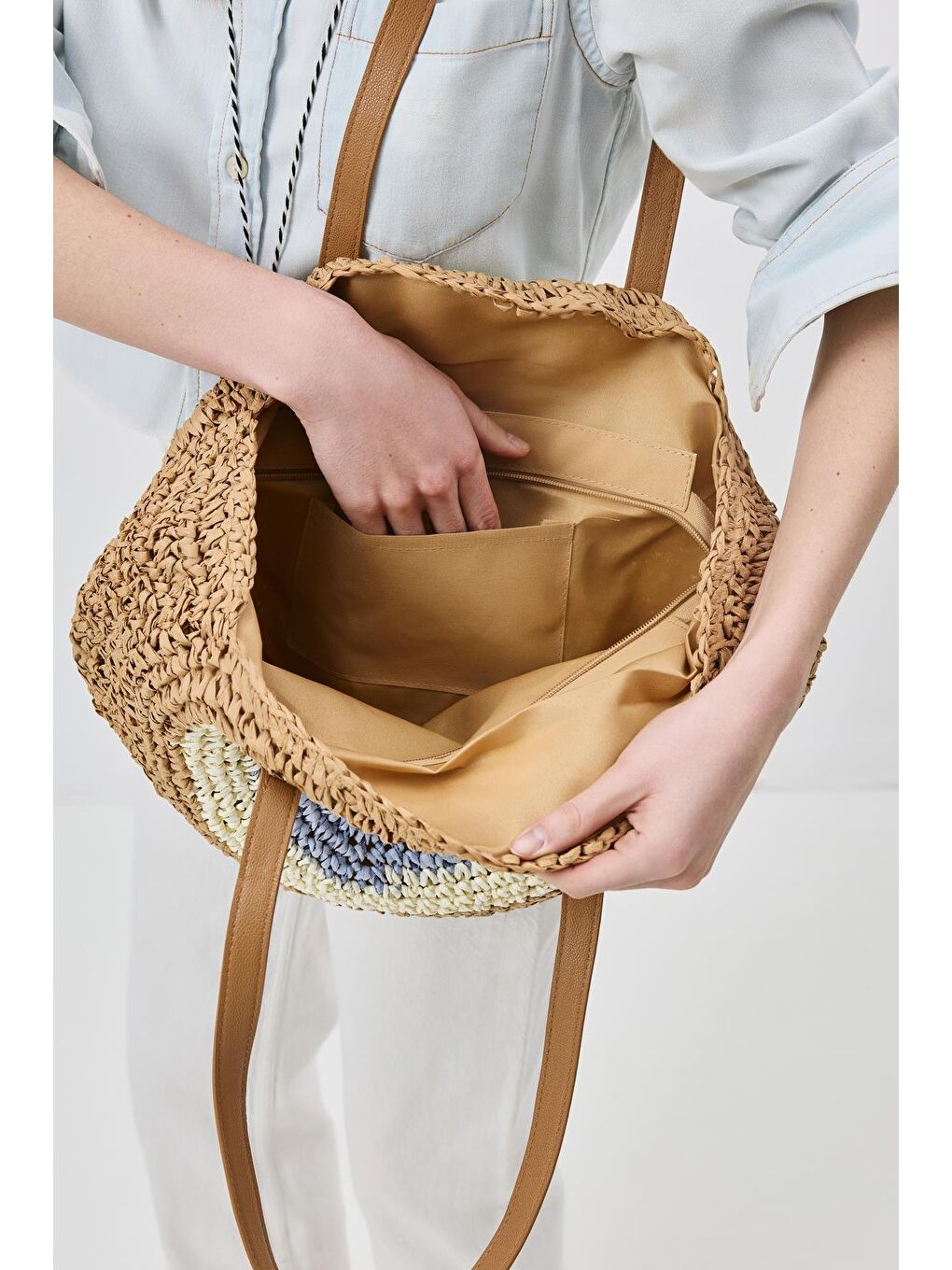 Bej Hasır Omuz Çantası Y9207 Vizon-2