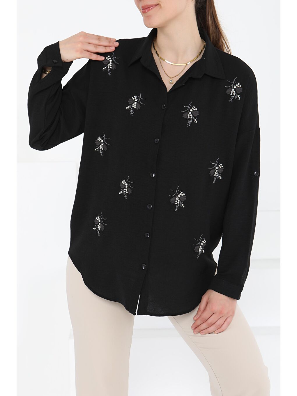 Nakışlı İncili Gömlek Siyah - 27244