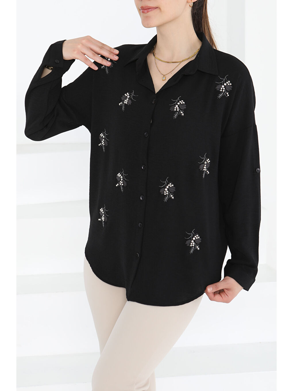 Nakışlı İncili Gömlek Siyah - 27244-1