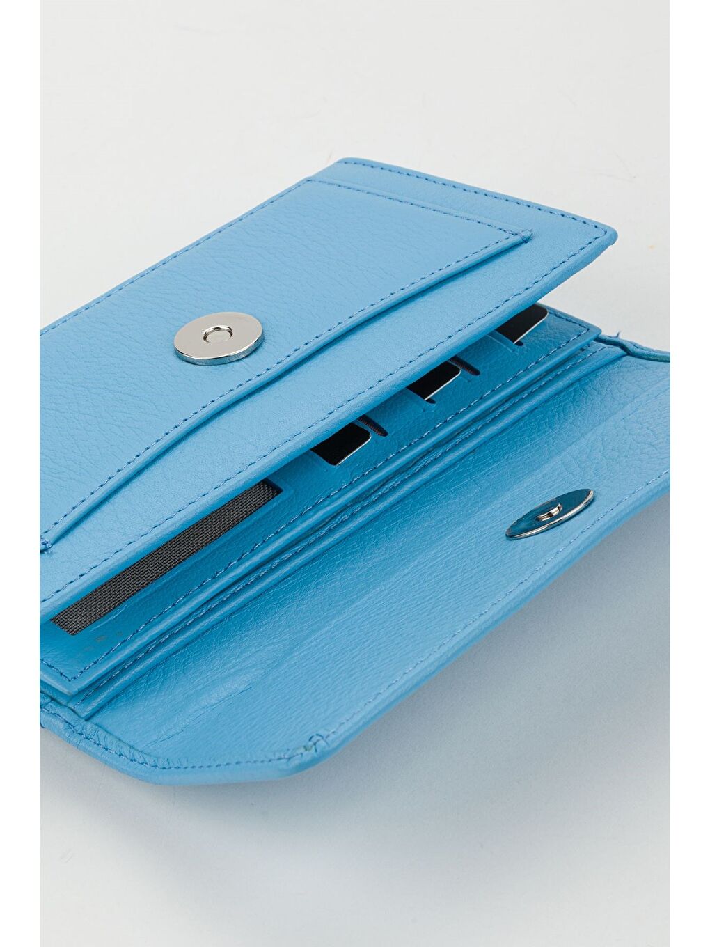 Kutulu Hakiki Deri Mavi Orta Boy Çok Gözlü Kadın El Portföyü Kartlık Cüzdan-4