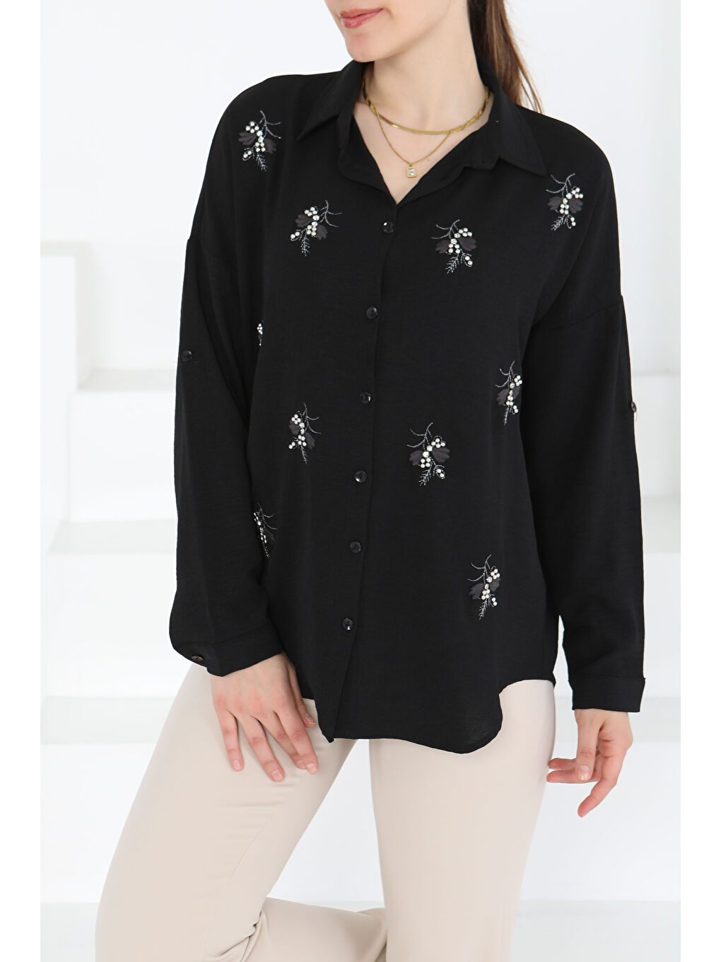 Nakışlı İncili Gömlek Siyah - 27244-2