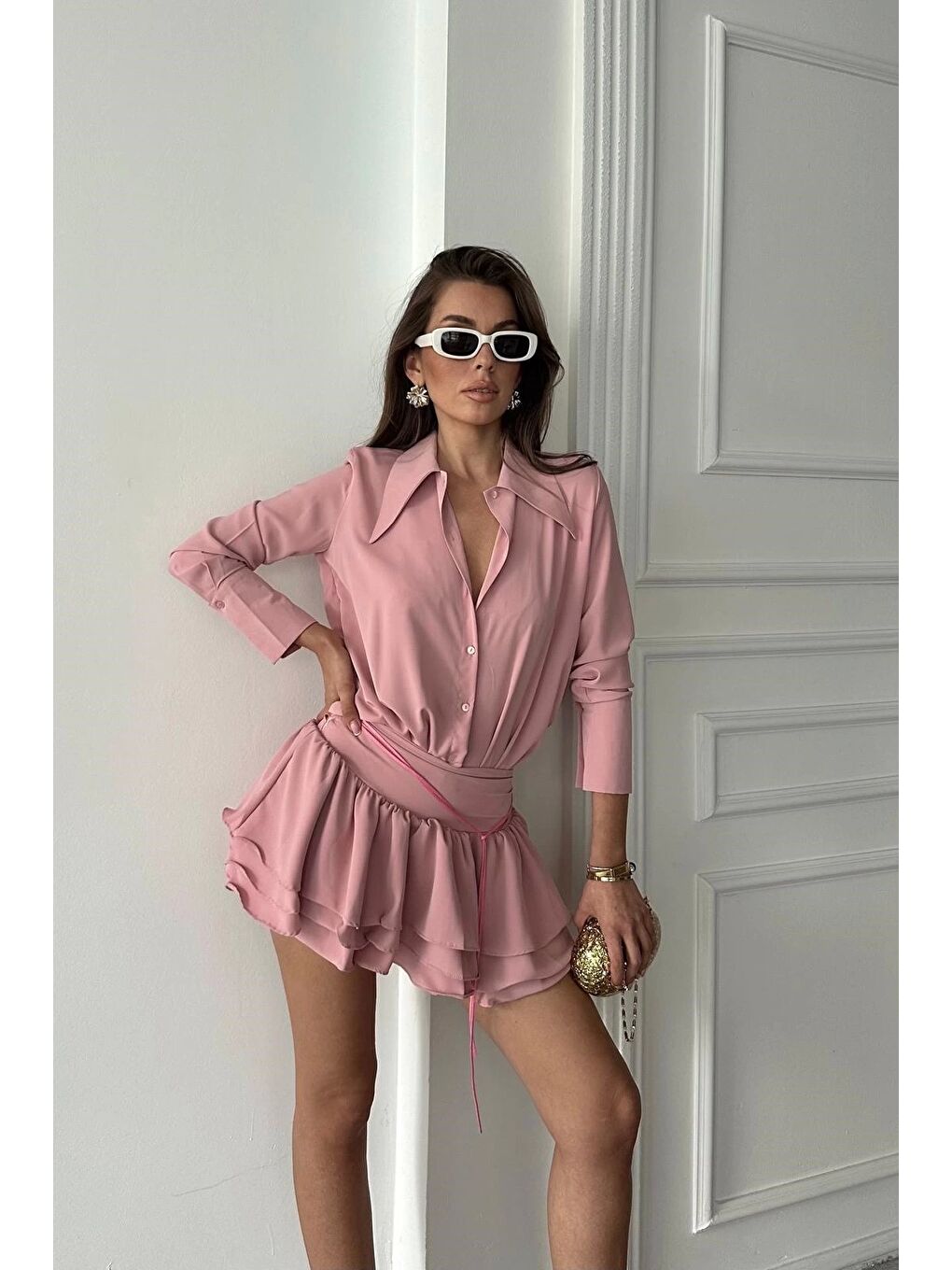 Pembe Kadın Pudra Gömlek Elbise 1026-221567-4