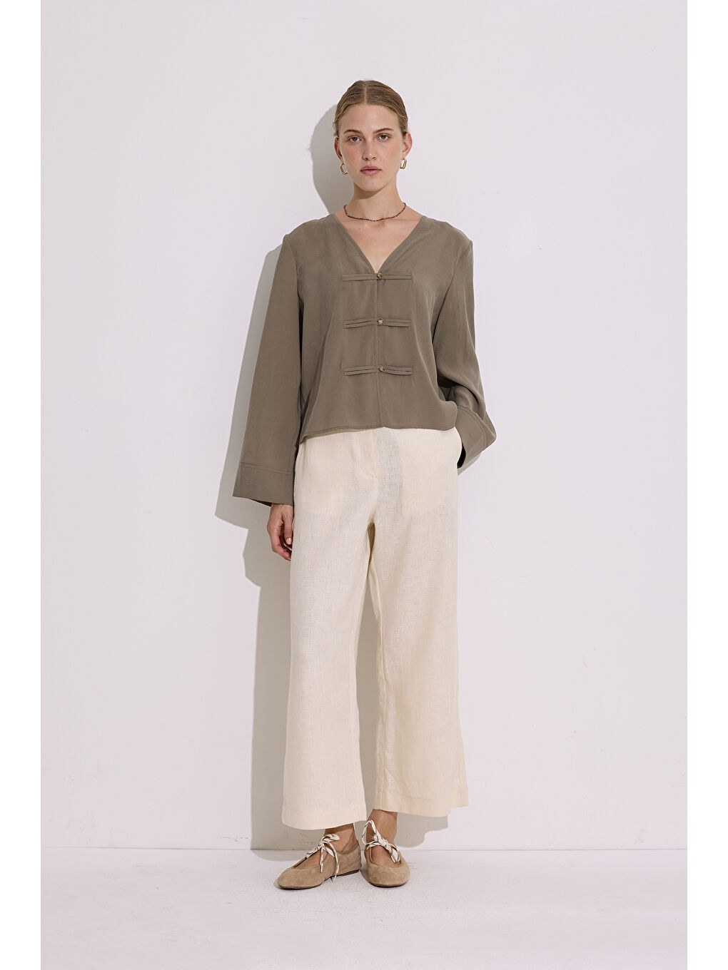 Modal Geniş Kollu Bluz Haki