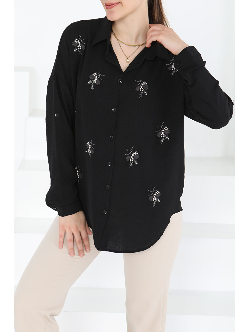 Nakışlı İncili Gömlek Siyah - 27244-3