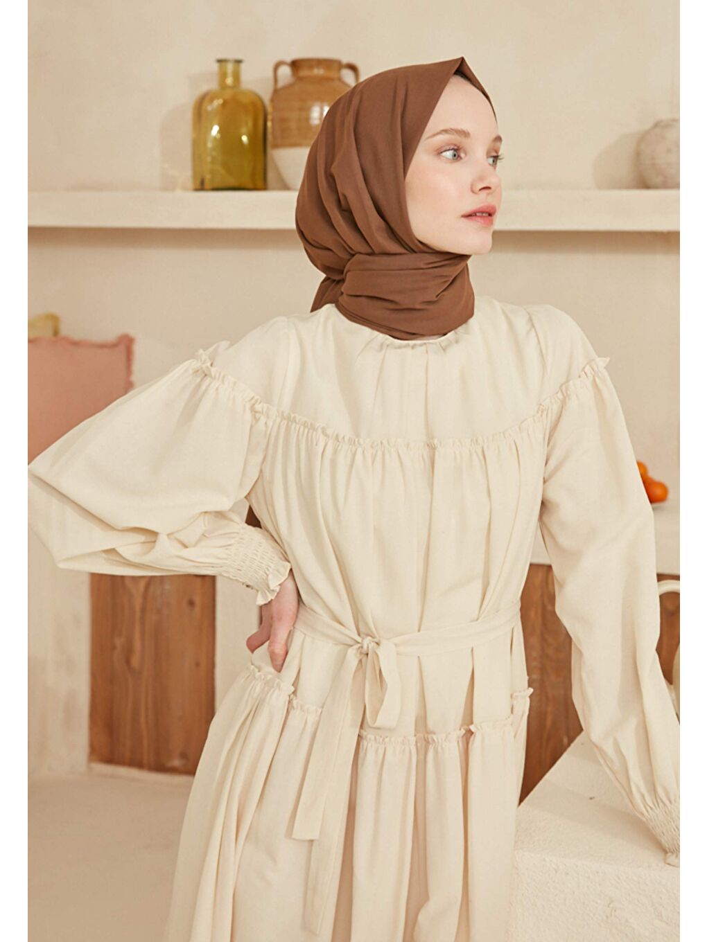 Kahverengi İnce Pamuk Vual Şal Sütlü Kahve-2