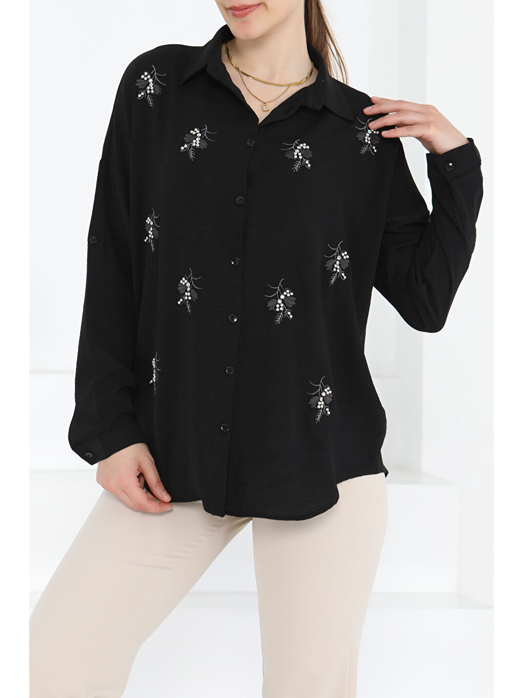 Nakışlı İncili Gömlek Siyah - 27244-4