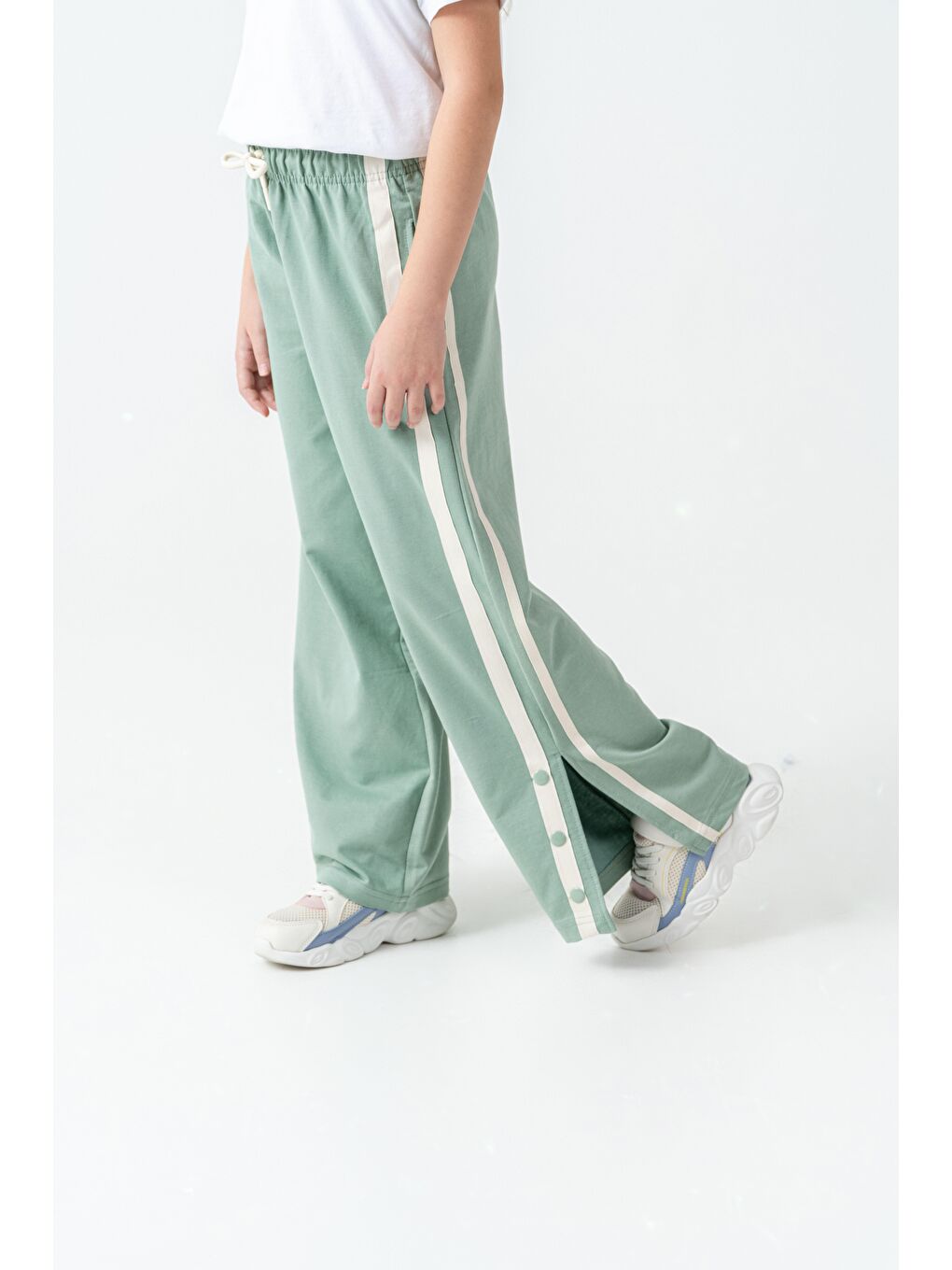 Yeşil Yanlar Grogren Şeritli Paçalar Çıtçıtlı Kız Çocuk Eşofman Alt-2