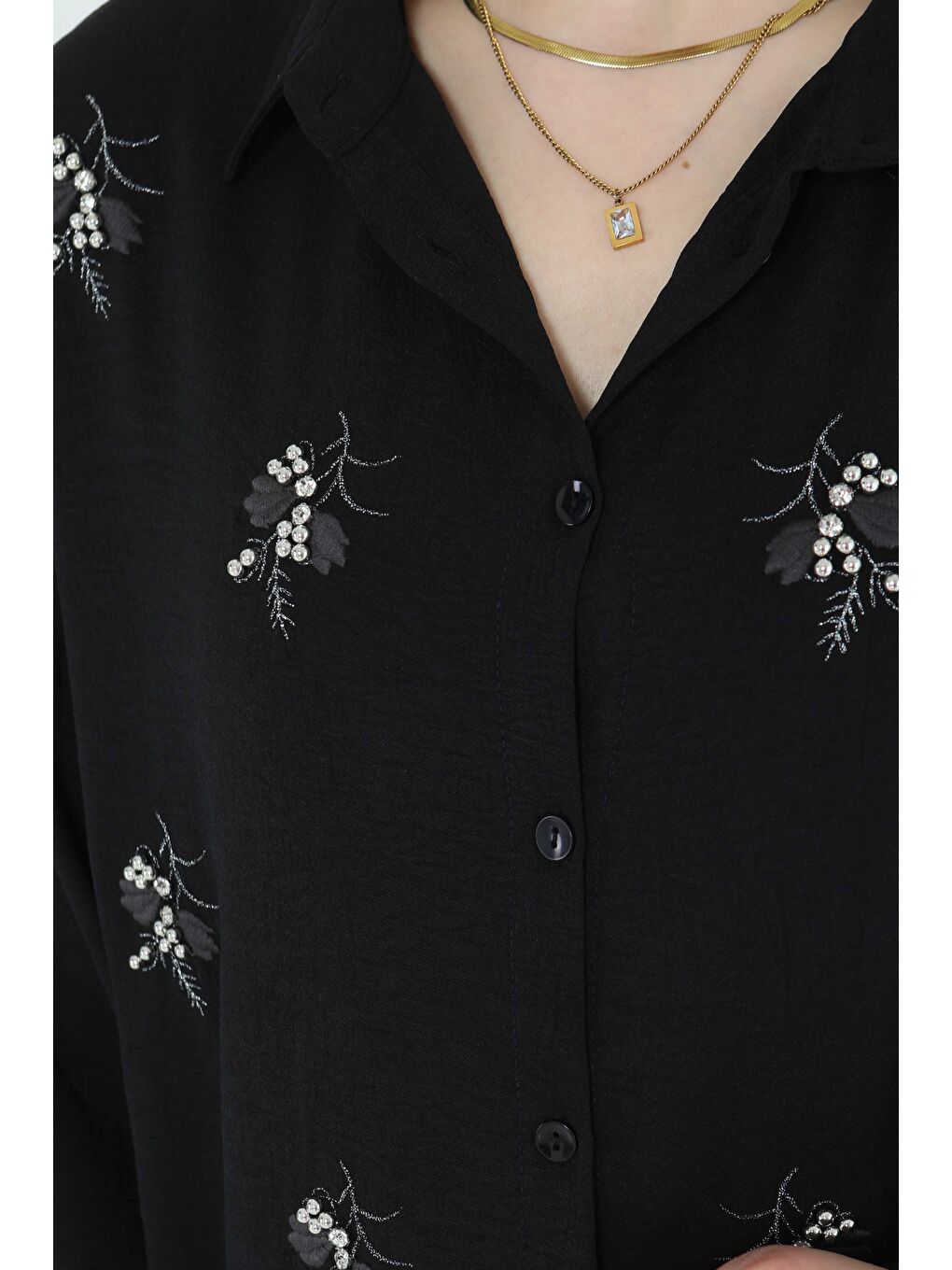 Nakışlı İncili Gömlek Siyah - 27244-5