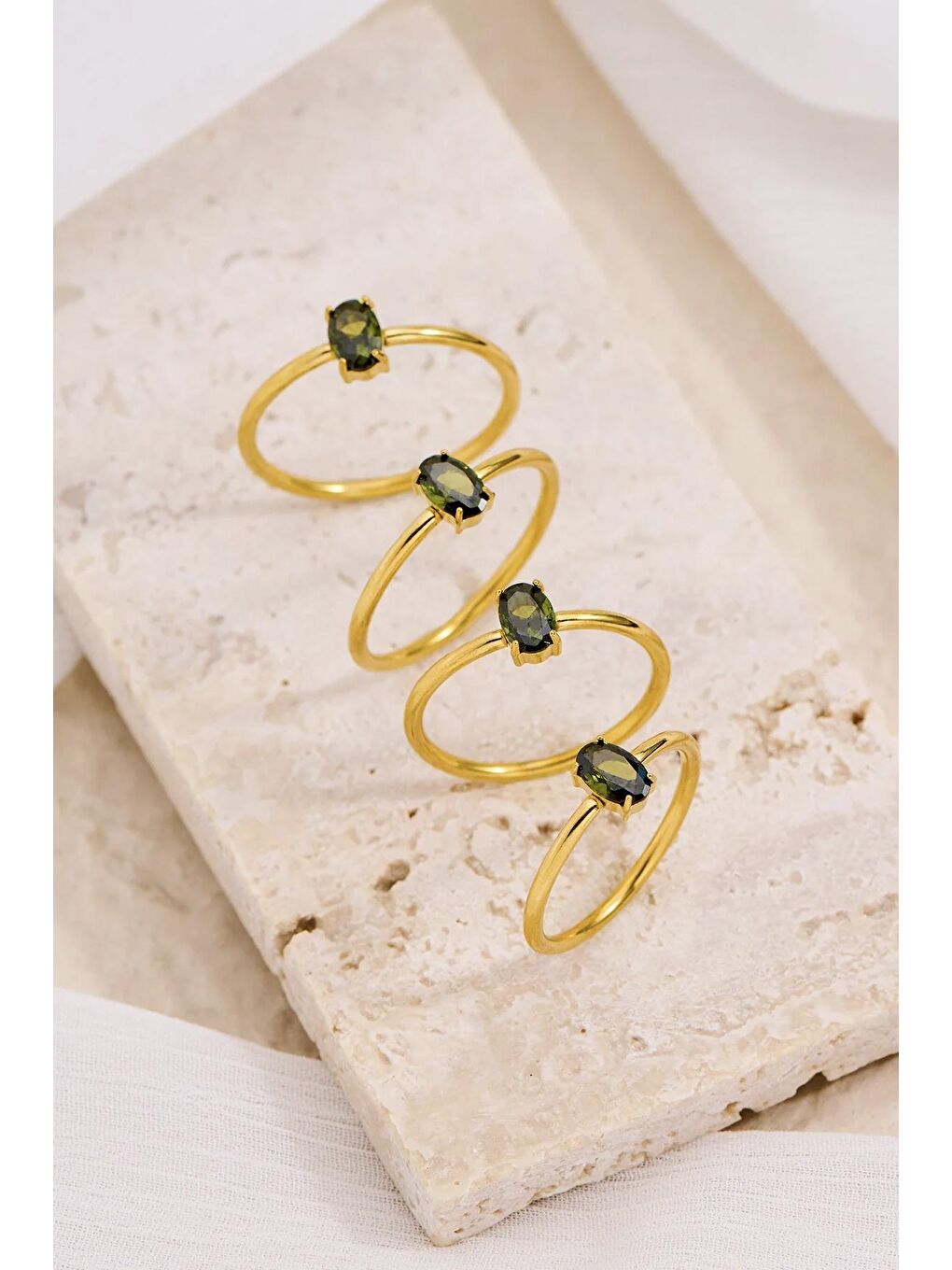 Yeşil Çelik Elips Zirkon Taşlı Minimal Yüzük Seti 2 adet-1