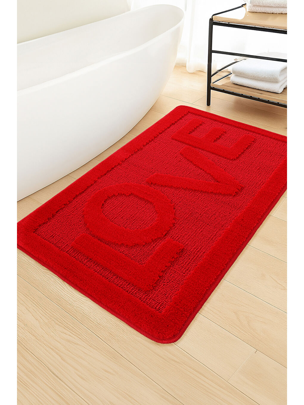 Doğal Kaymaz Taban Banyo Paspas Uzun Ömürlü Yumuşak Su Emici Yazılı Paspas Love-Kırmızı