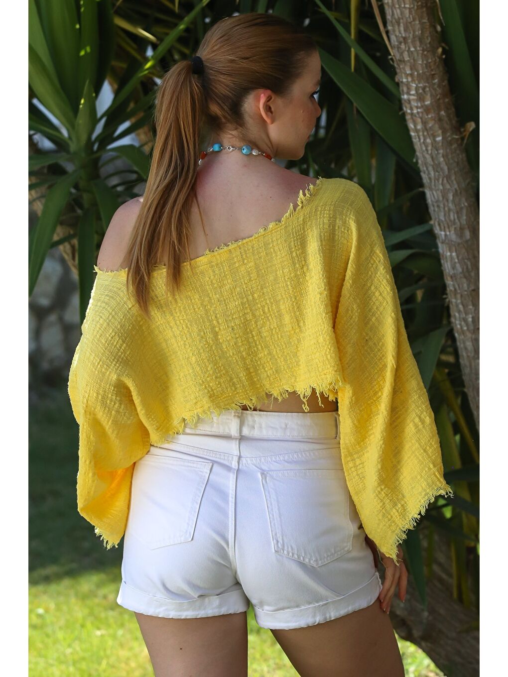 Organik Pamuk Sarı Kayık Yaka Volanlı Kol Yıkamalı Pis Dikişli Casual Müslin Crop Dokuma Bluz 38 80-1