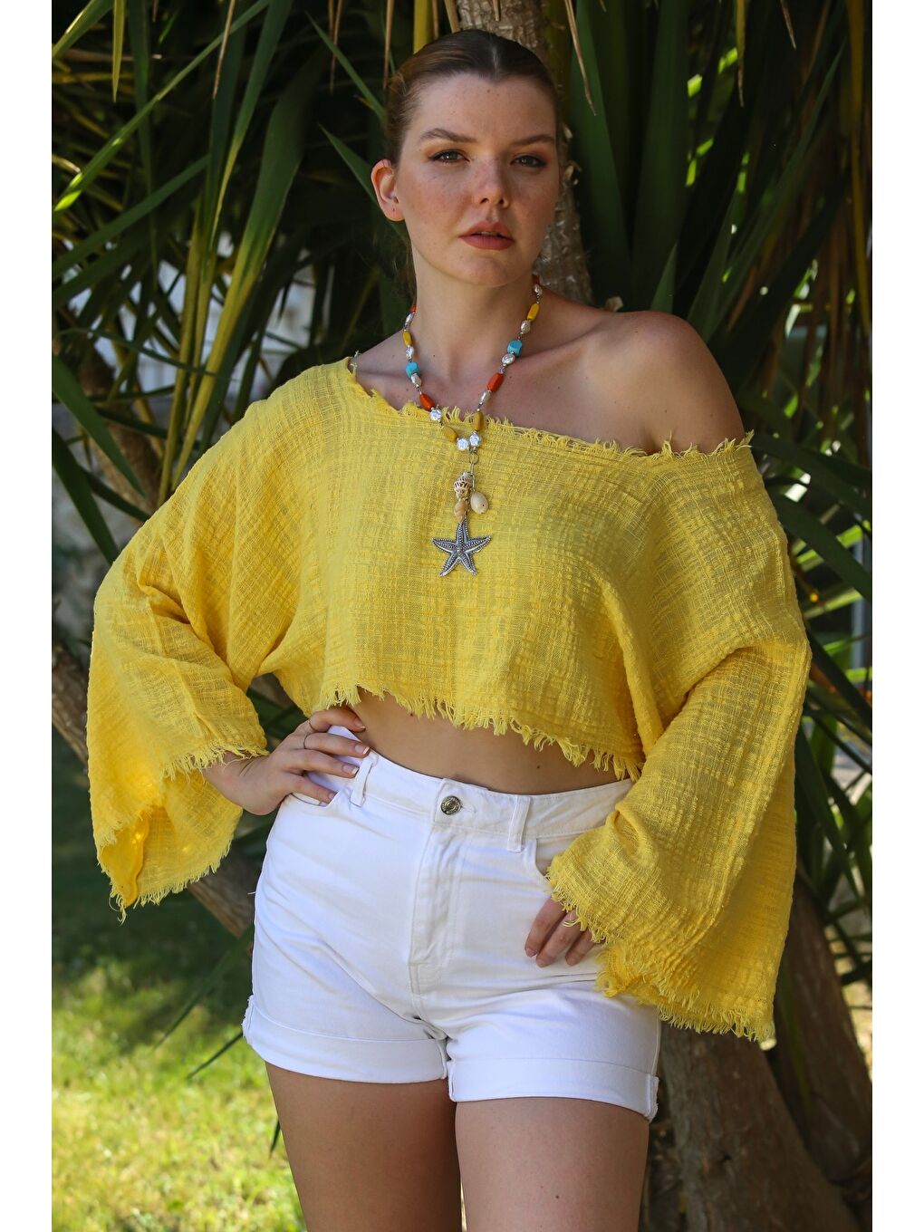 Organik Pamuk Sarı Kayık Yaka Volanlı Kol Yıkamalı Pis Dikişli Casual Müslin Crop Dokuma Bluz 38 80-2