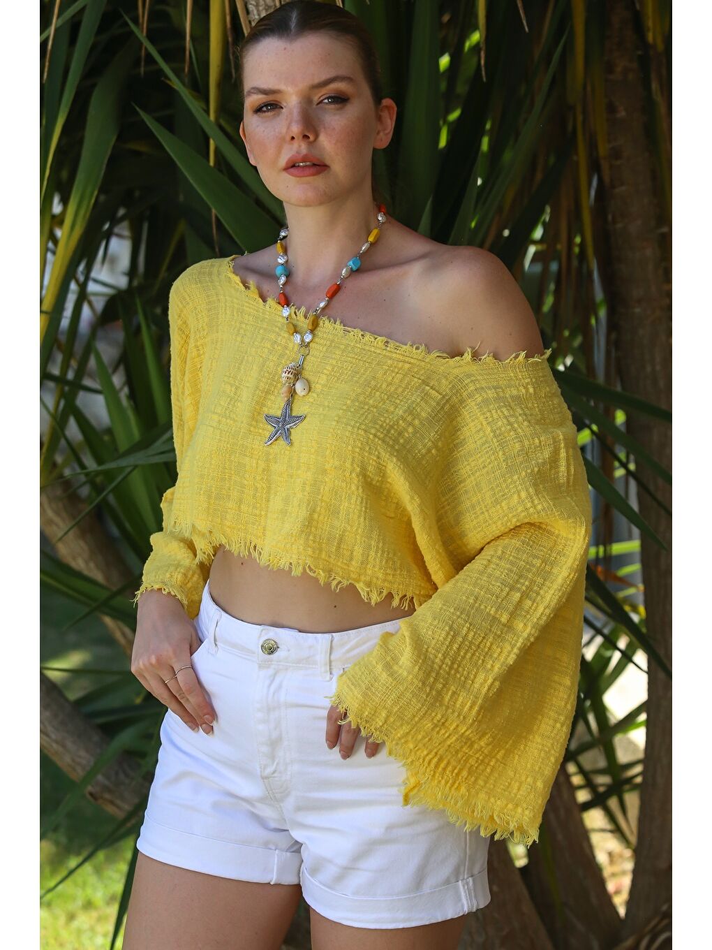 Organik Pamuk Sarı Kayık Yaka Volanlı Kol Yıkamalı Pis Dikişli Casual Müslin Crop Dokuma Bluz 38 80-3