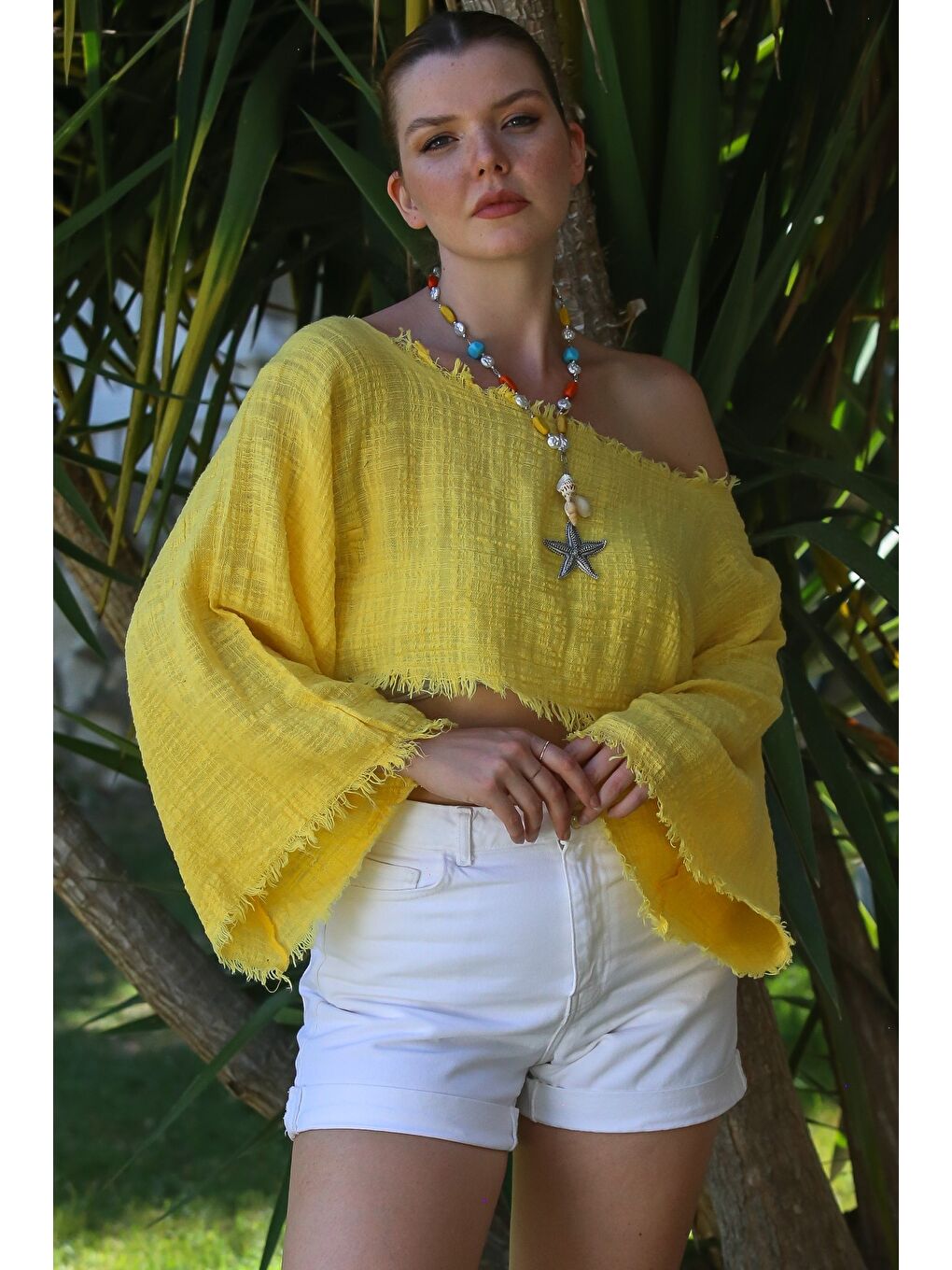 Organik Pamuk Sarı Kayık Yaka Volanlı Kol Yıkamalı Pis Dikişli Casual Müslin Crop Dokuma Bluz 38 80-4