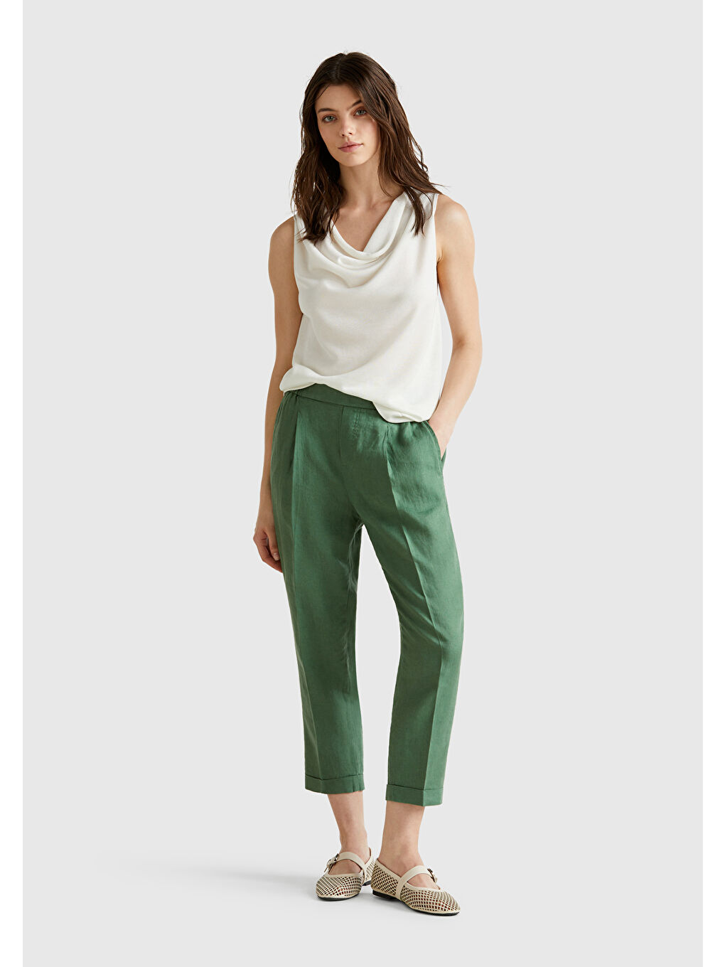 Kadın Açık Yeşil %100 Keten Beli Lastikli Pantolon-2