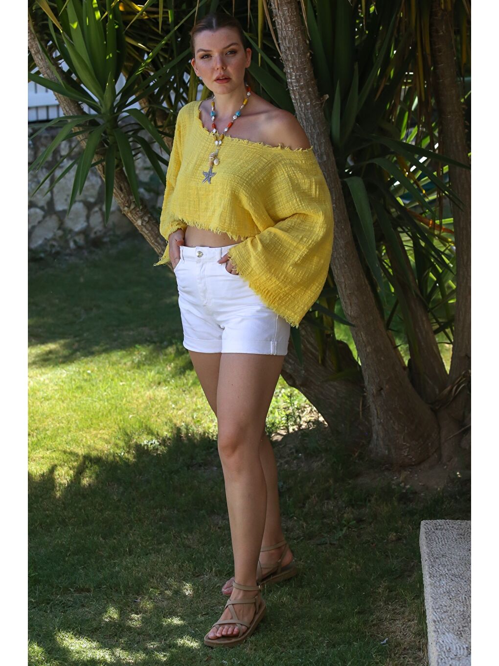 Organik Pamuk Sarı Kayık Yaka Volanlı Kol Yıkamalı Pis Dikişli Casual Müslin Crop Dokuma Bluz 38 80-5