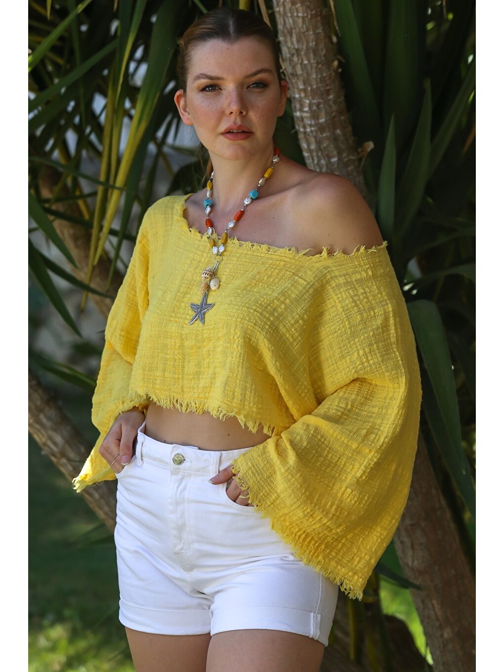 Organik Pamuk Sarı Kayık Yaka Volanlı Kol Yıkamalı Pis Dikişli Casual Müslin Crop Dokuma Bluz 38 80-6