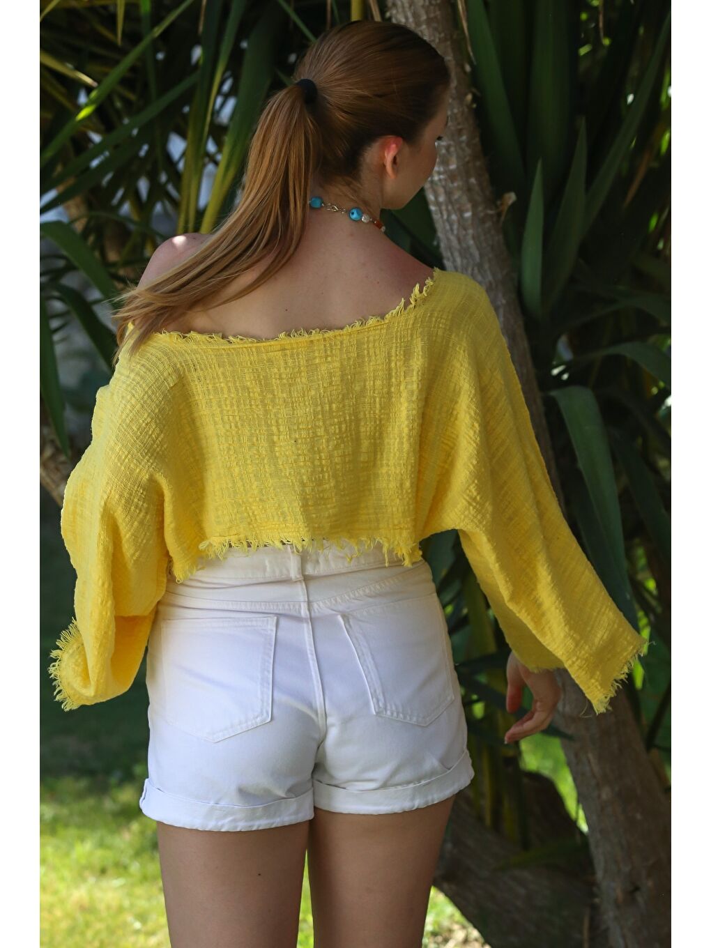 Organik Pamuk Sarı Kayık Yaka Volanlı Kol Yıkamalı Pis Dikişli Casual Müslin Crop Dokuma Bluz 38 80-7