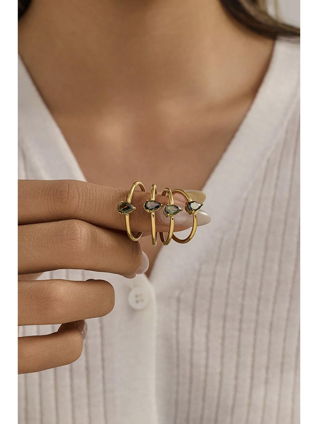 Yeşil Çelik Damla Zirkon Taşlı Minimal Eklem Yüzük Seti 4 adet