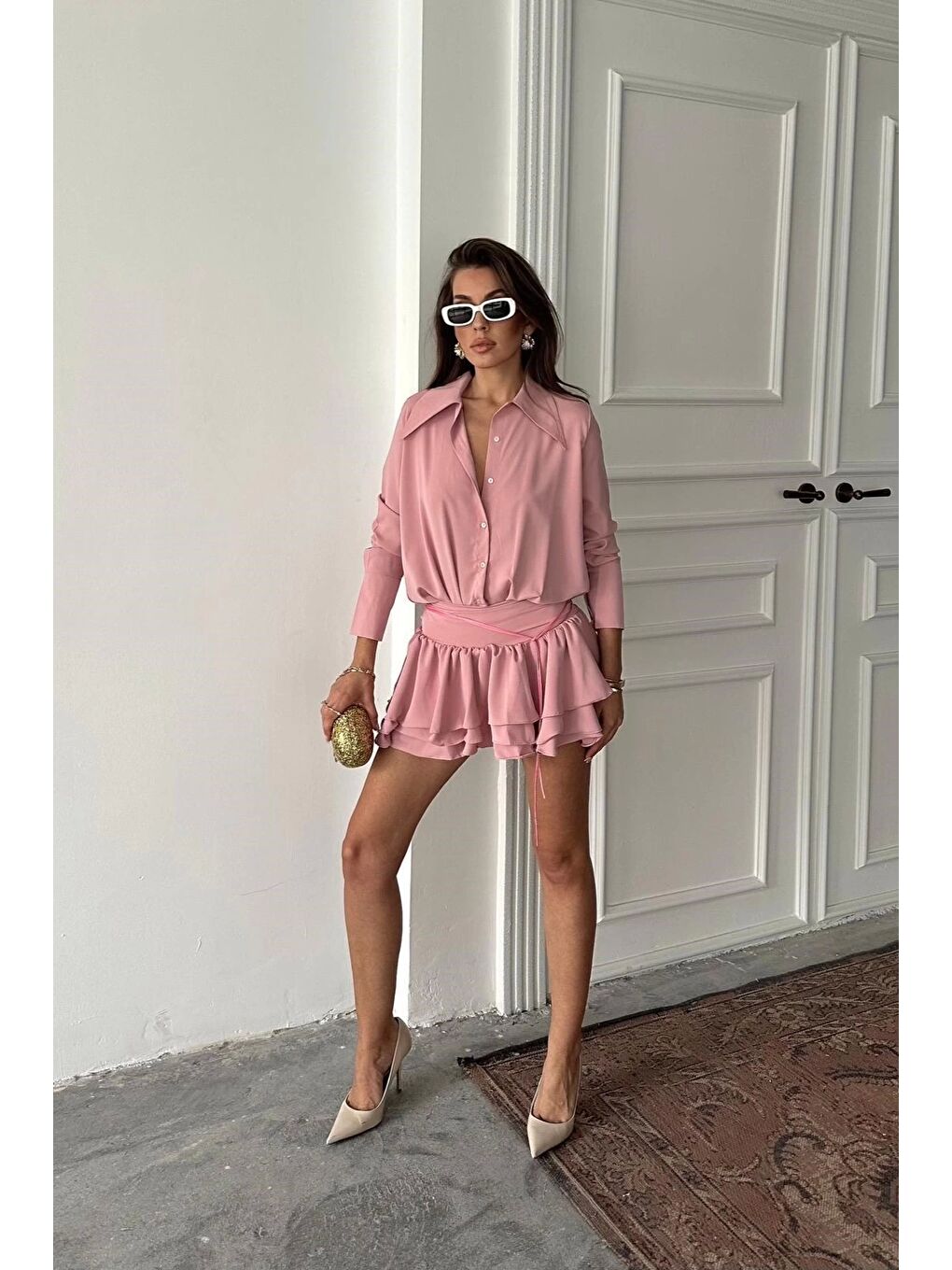 Pembe Kadın Pudra Gömlek Elbise 1026-221567-5