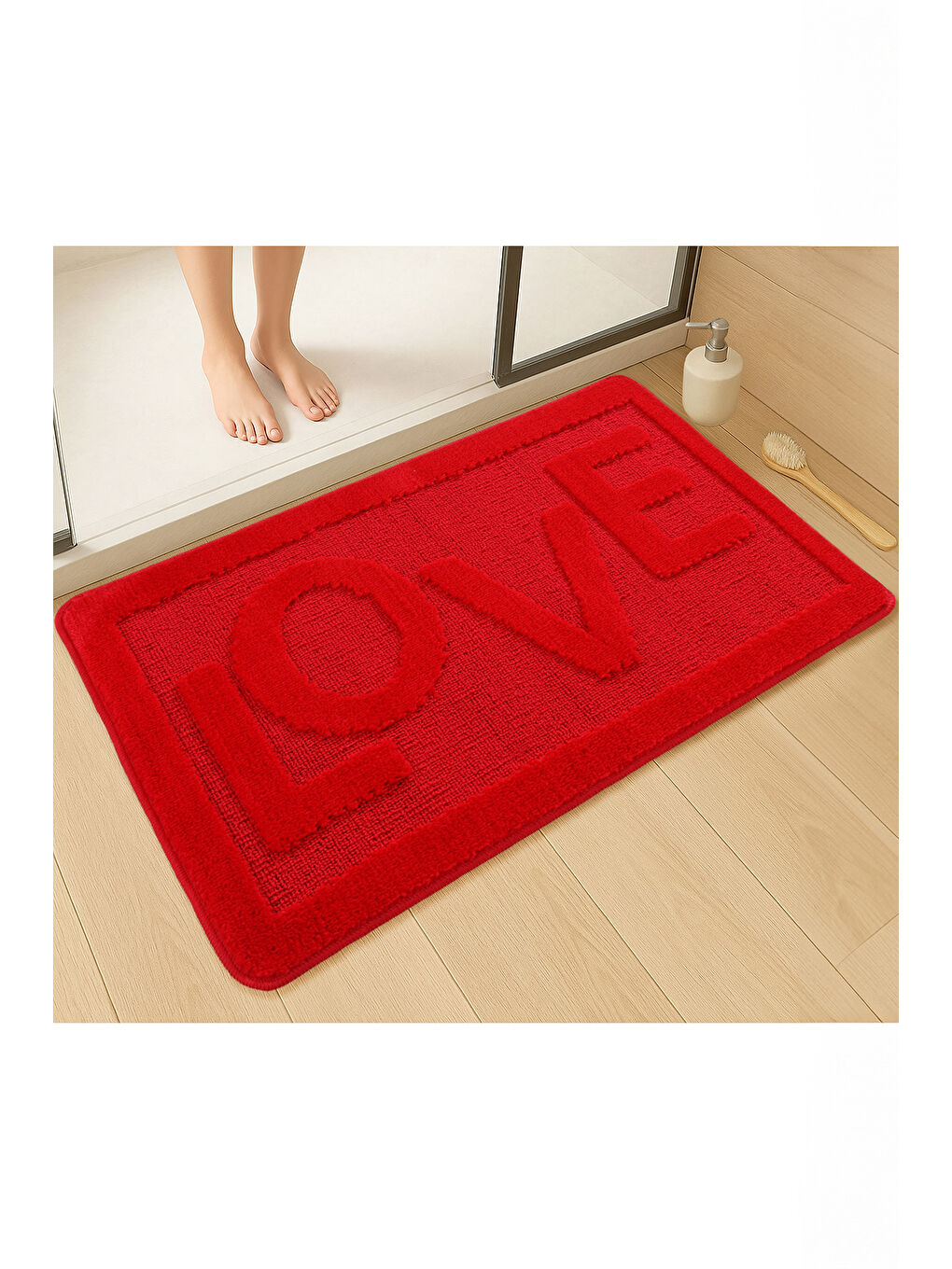 Doğal Kaymaz Taban Banyo Paspas Uzun Ömürlü Yumuşak Su Emici Yazılı Paspas Love-Kırmızı-1