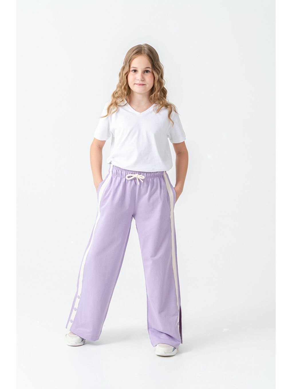 Lila Yanlar Grogren Şeritli Paçalar Çıtçıtlı Kız Çocuk Eşofman Alt