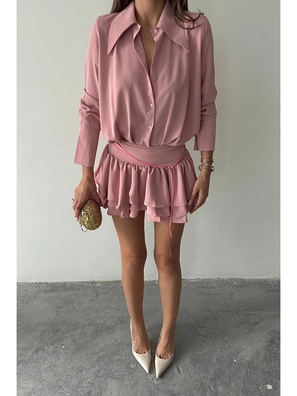 Pembe Kadın Pudra Gömlek Elbise 1026-221567-6