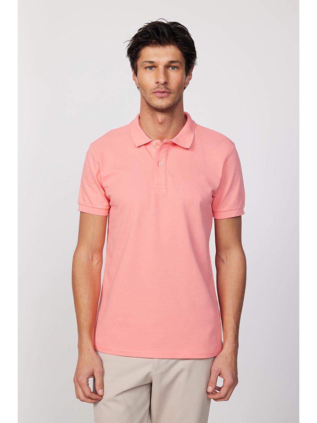 TUDORS Pembe Erkek Slim Fit Dar Kesim %100 Pamuk Düz Pike Pembe Polo Yaka Tişört