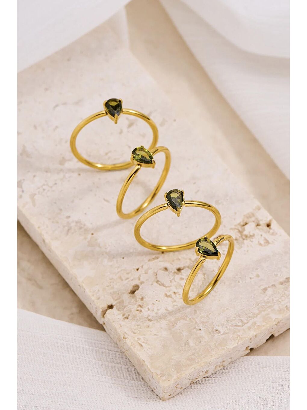 Yeşil Çelik Damla Zirkon Taşlı Minimal Eklem Yüzük Seti 4 adet-2